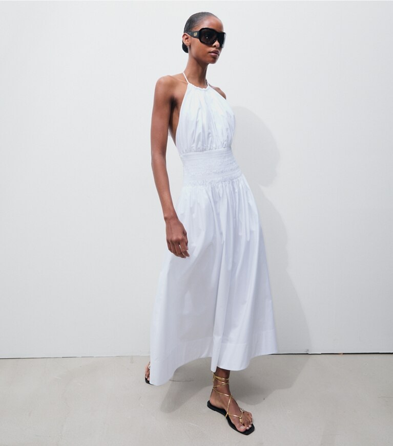 Tory Burch designer abiti Abito in popeline con scollo all’americana e dettagli a punto smock in White parte anteriore su modella