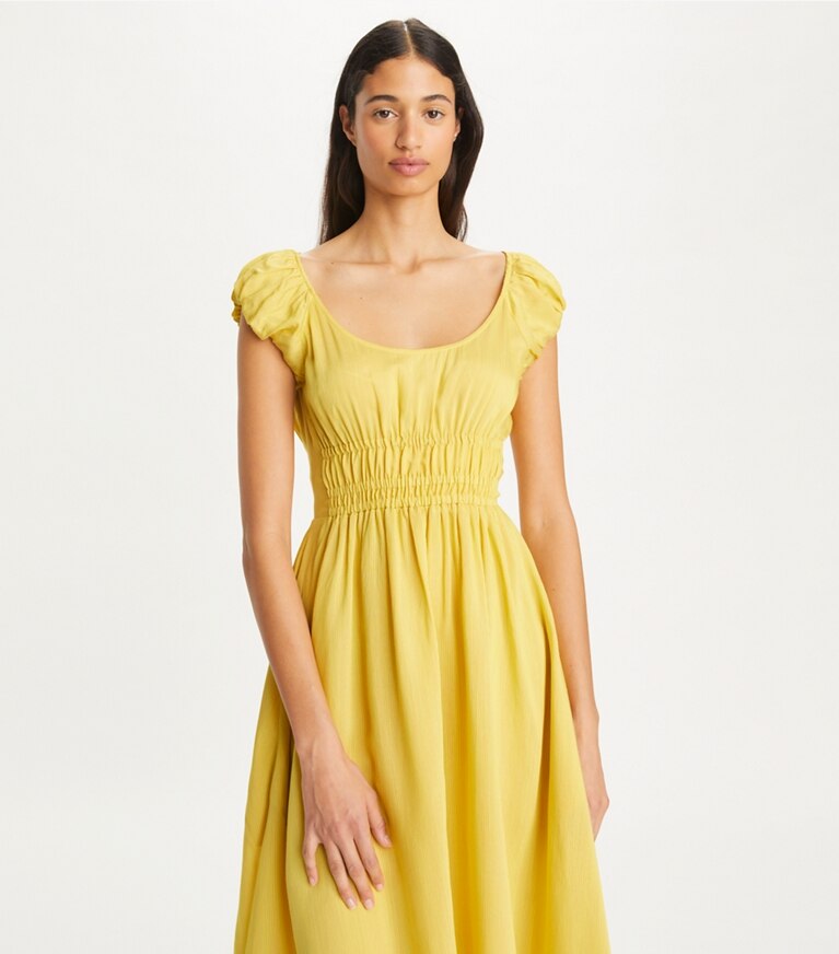 Tory Burch designer abiti Abito in seta e viscosa in Yellow Stripe on model detail