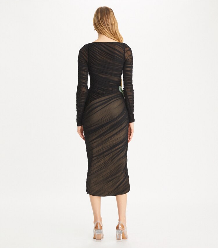 Tory Burch designer abiti Abito in viscosa a ruches con decorazioni in Black on model back