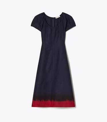 Tory Burch designer abiti Abito in viscosa con maniche a palloncino in Medium Navy / Red front