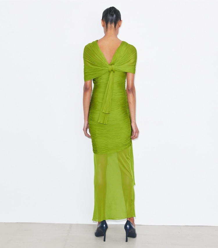 Tory Burch designer abiti Abito in viscosa con nodi in Faded Green on model back