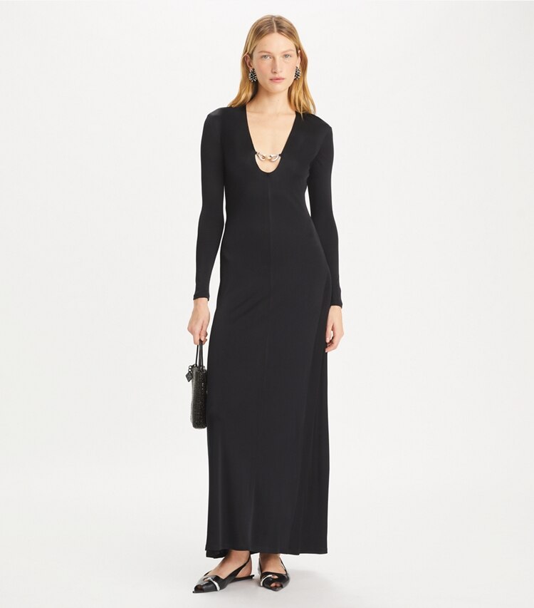 Tory Burch designer abiti Abito in viscosa Jessa con scollo profondo a U in Black parte anteriore su modella