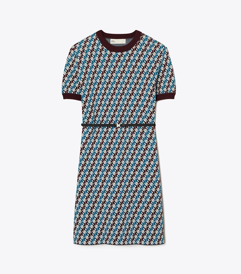 Tory Sport designer abiti Abito maglia in jacquard in Aqua Blue Linked Geo 3 Color front
