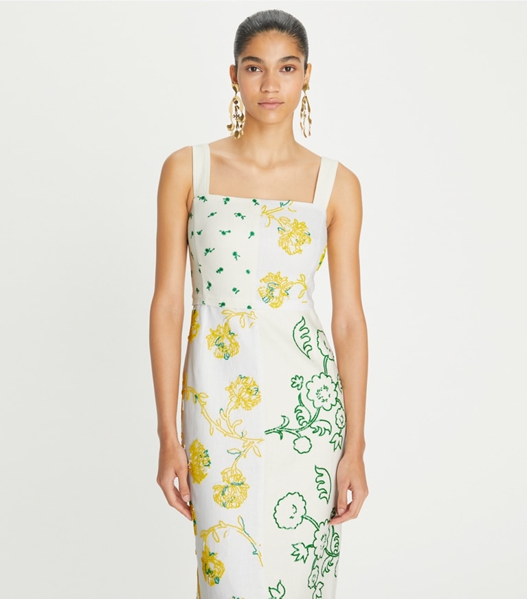 Tory Burch designer abiti Abito patchwork decorato in New Ivory on model detail