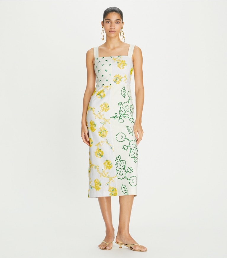 Tory Burch designer abiti Abito patchwork decorato in New Ivory parte anteriore su modella
