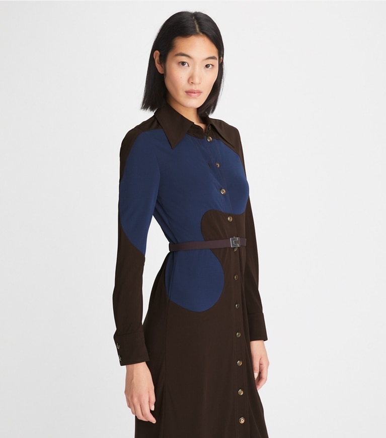 Tory Burch designer abiti Abito polo in maglia jersey color-block in Dark Carob front