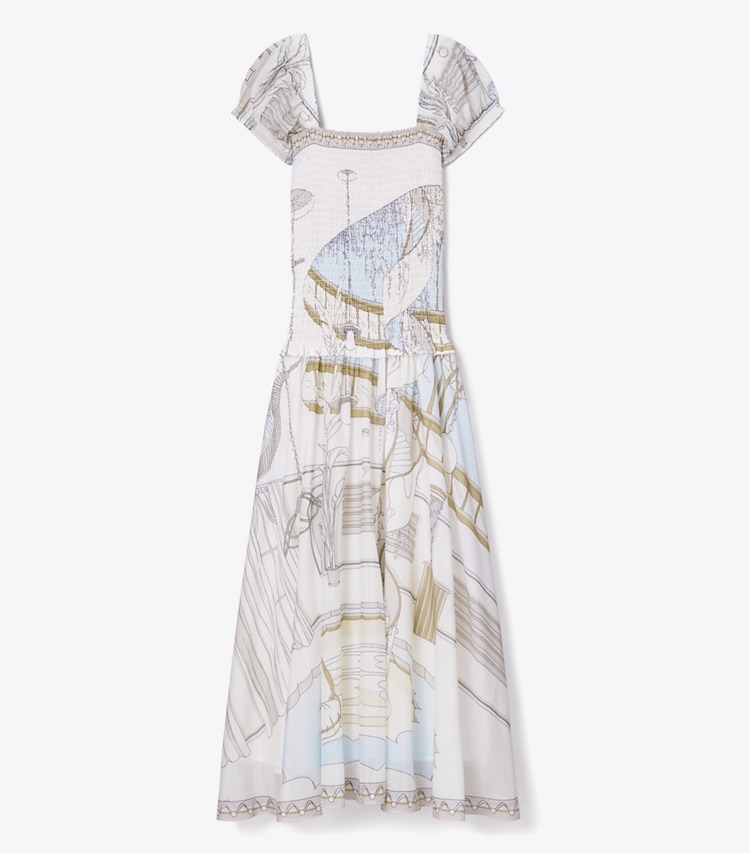 Tory Burch designer abiti Abito stampato a punto smock in Neutral Pool front