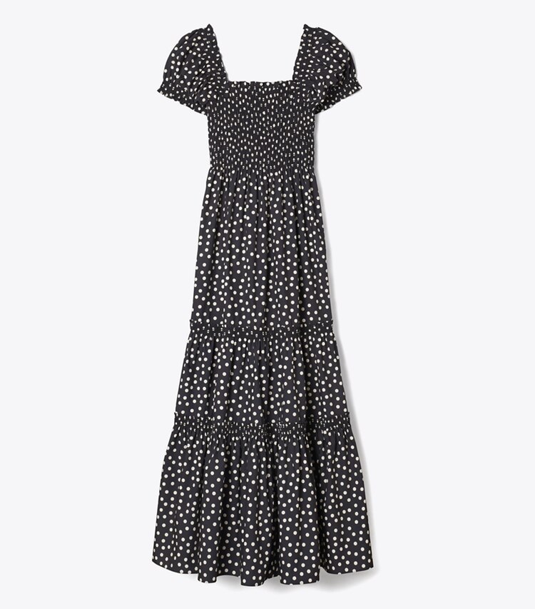 Tory Burch designer abiti Abito stampato a punto smock in Black Dot front