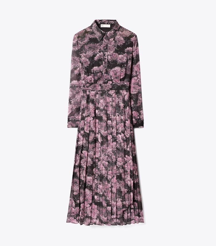 Tory Burch designer abiti Abito stampato in seta a pieghe in Pink Pixel Floral front