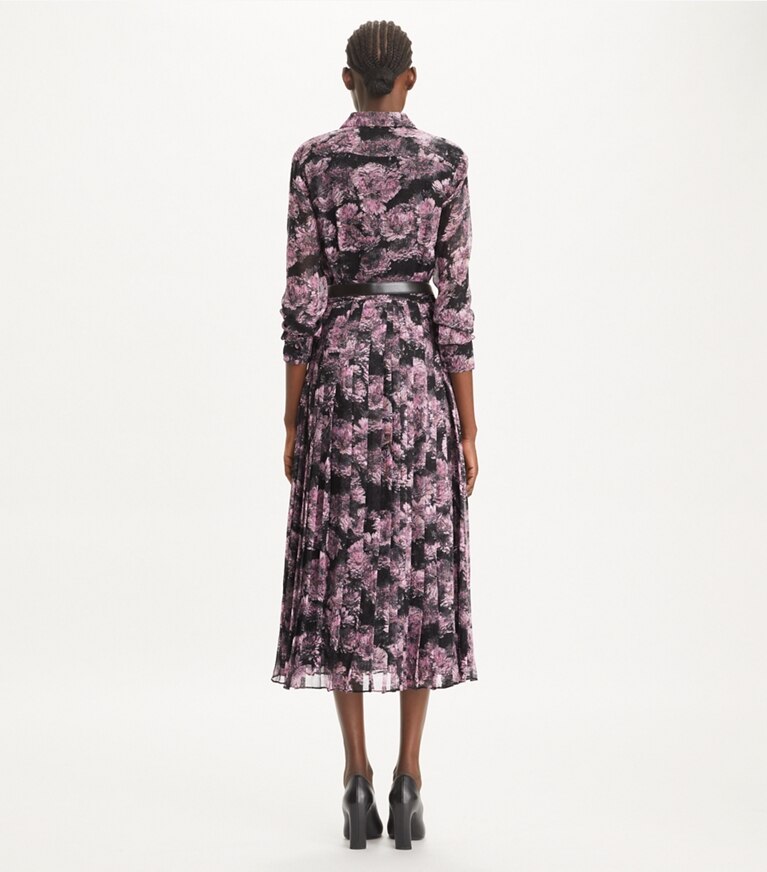 Tory Burch designer abiti Abito stampato in seta a pieghe in Pink Pixel Floral front