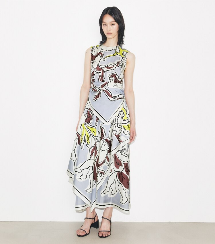 Tory Burch designer abiti Abito stampato in seta in Lilac Cherubs parte anteriore su modella
