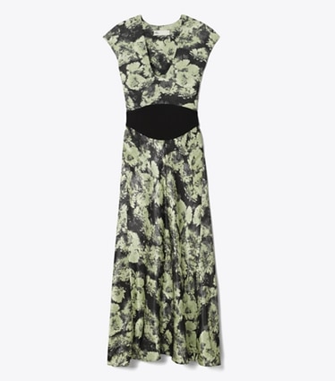 Tory Burch designer abiti Abito stampato in viscosa con scollo a U in Green Pixel Floral front