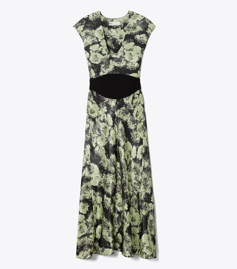 Tory Burch designer abiti Abito stampato in viscosa con scollo a U in Green Pixel Floral front