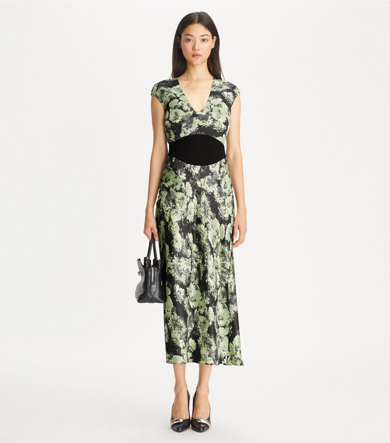 Tory Burch designer abiti Abito stampato in viscosa con scollo a U in Green Pixel Floral front