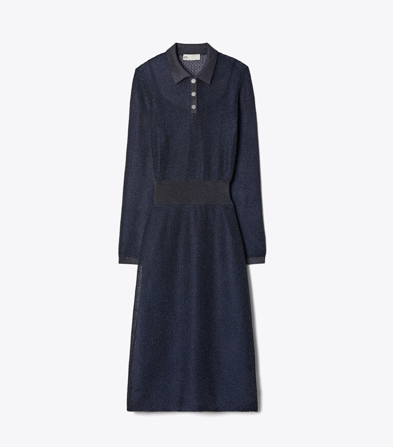 Tory Burch designer abiti Abito stile polo metallizzato in Black / Blue Shimmer front