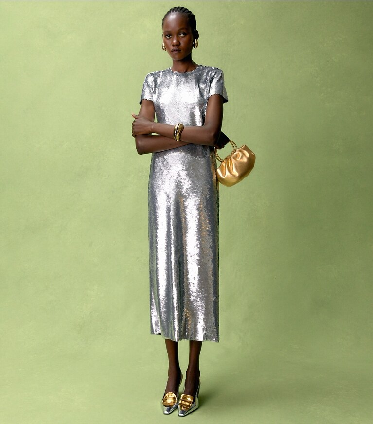 Tory Burch designer abiti Abito T-shirt con paillettes in Silver Sequins front
