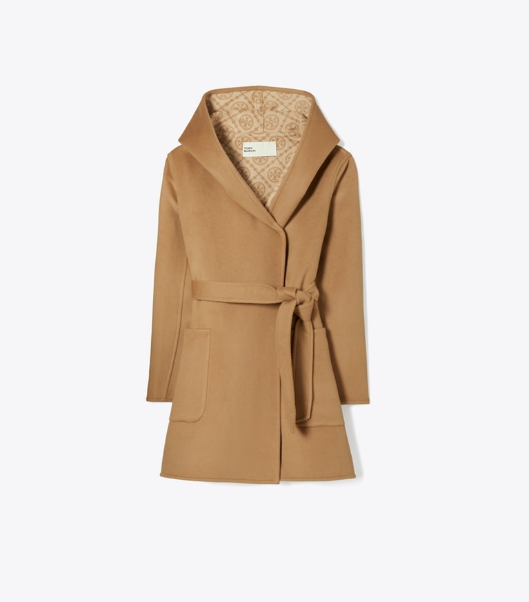 Tory Burch diseñador abrigos Abrigo de lana con capucha en Beige T-Monogram frontal