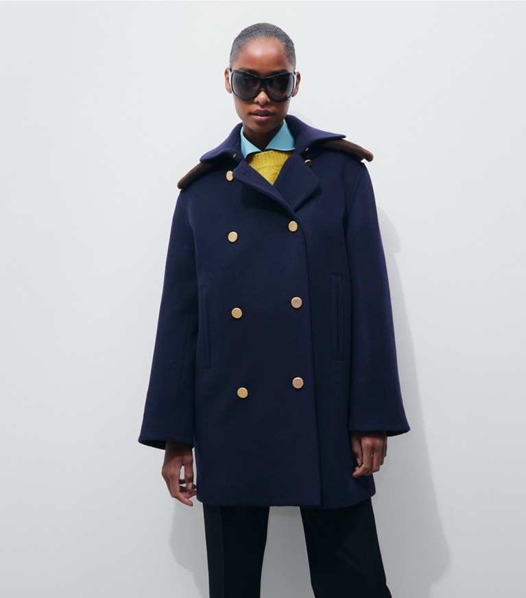 Tory Burch diseñador abrigos Abrigo de lana entallado en Medium Navy detalle en modelo