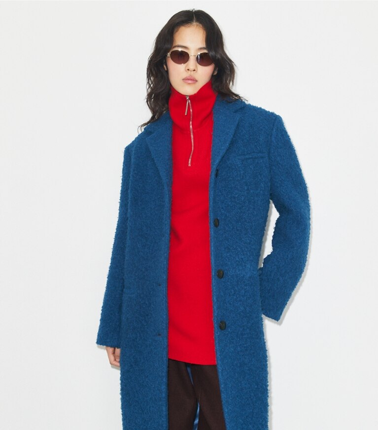 Tory Burch diseñador abrigos Abrigo de lana extragrande en Bright Blue detalle en modelo