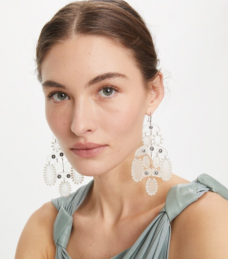 Tory Burch designer earrings Abstract Beaded Chandelier Earrings in Antique Tory Silver / Multi accessory on model