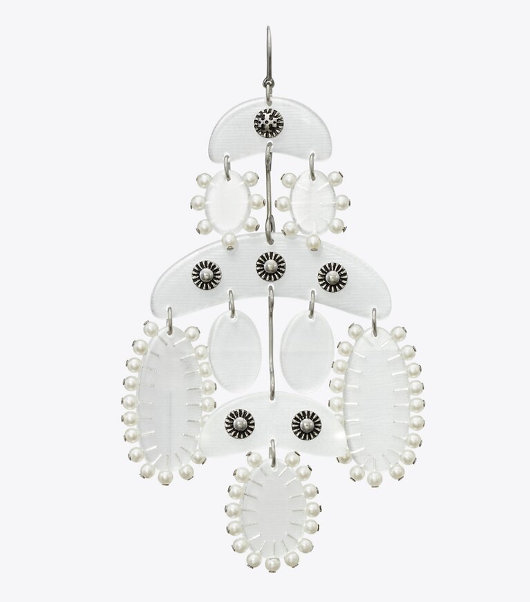 Tory Burch designer earrings Abstract Beaded Chandelier Earrings in Antique Tory Silver / Clear detail