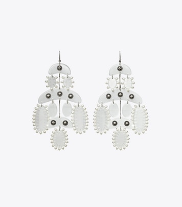 Tory Burch designer earrings Abstract Beaded Chandelier Earrings in Antique Tory Silver / Clear front