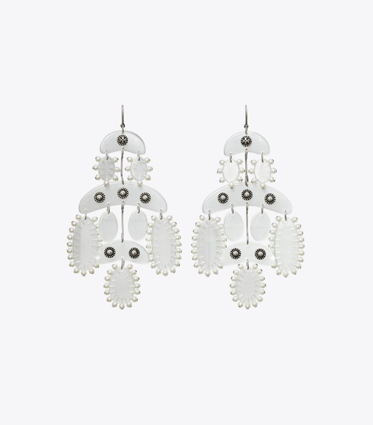 Tory Burch designer earrings Abstract Beaded Chandelier Earrings in Antique Tory Silver / Clear front