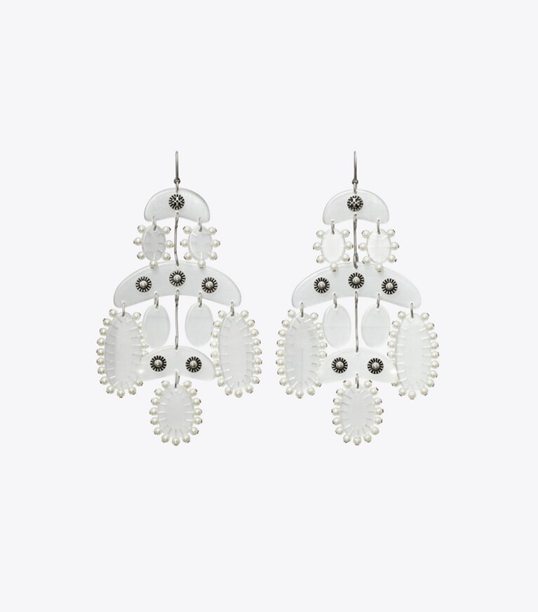 Tory Burch designer earrings Abstract Beaded Chandelier Earrings in Antique Tory Silver / Clear front