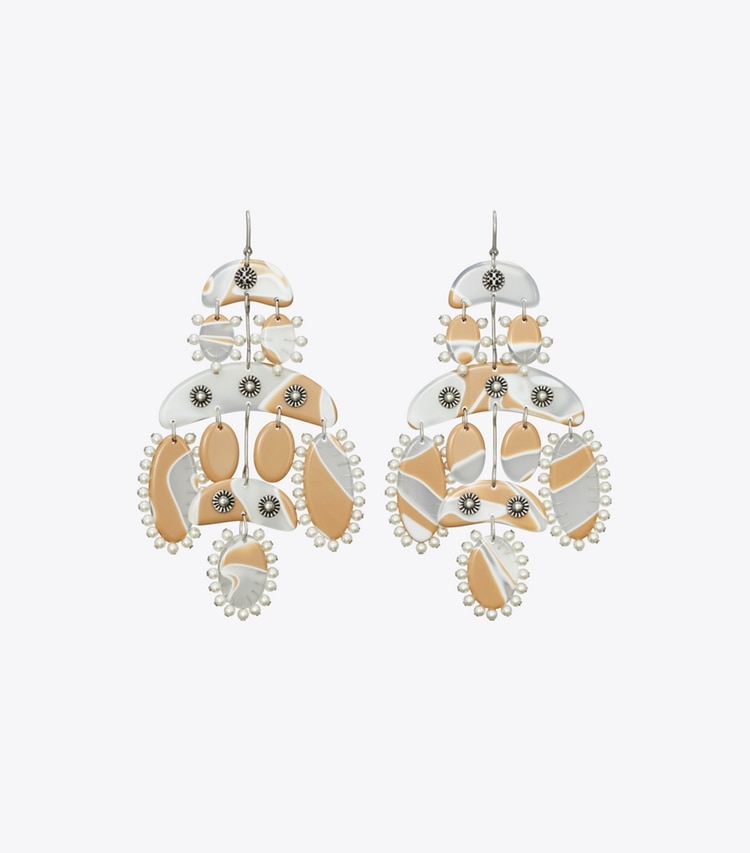Tory Burch designer earrings Abstract Beaded Chandelier Earrings in Antique Tory Silver / Multi front