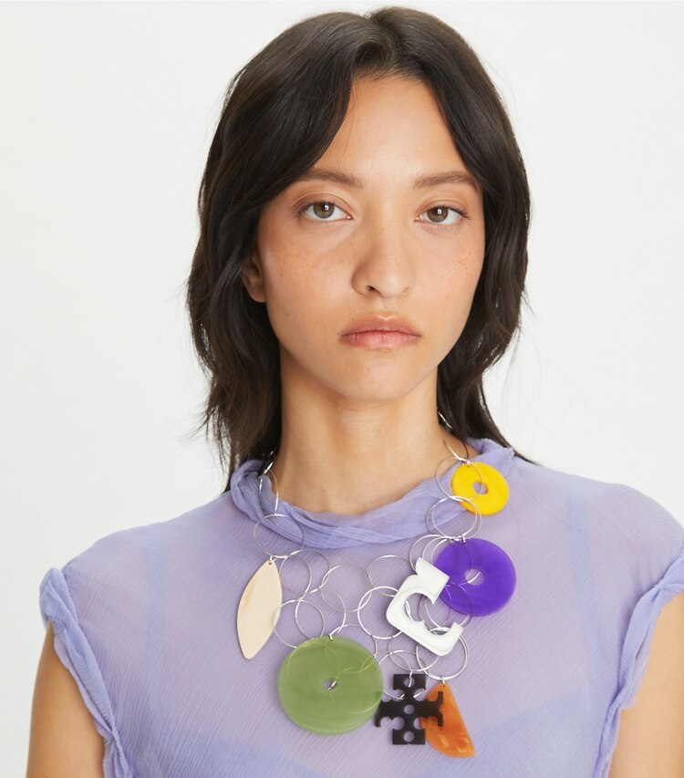 Tory Burch designer necklaces Abstract Resin Necklace in Tory Silver / Multi accessory on model