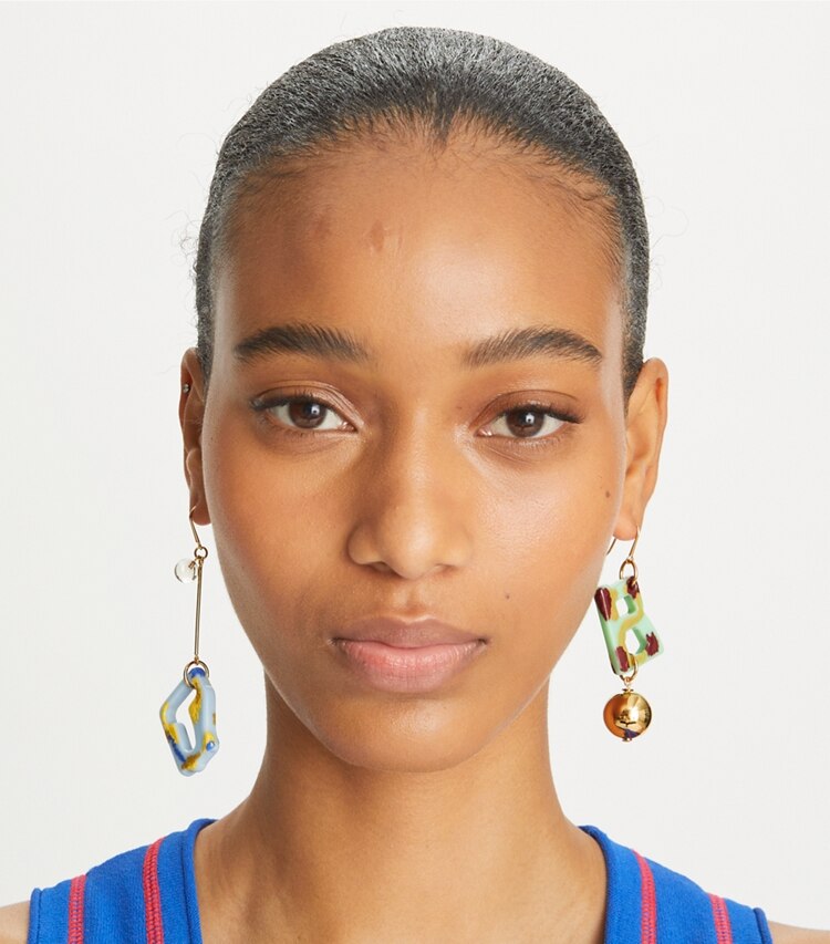Tory Burch designer earrings Abstract TB Earring in Tory Gold / Multi accessory on model