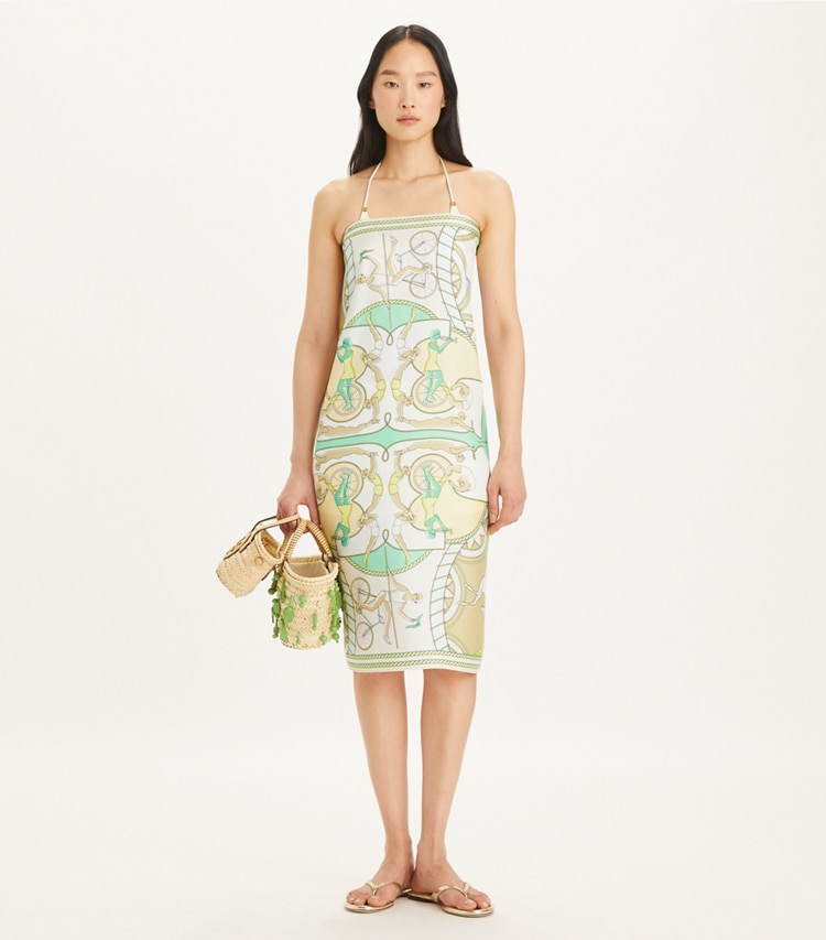 Tory Burch designer scarves Acrobats Double-Sided Silk Square in Aeronauts Double-Sided Square - Yellow accessory on model