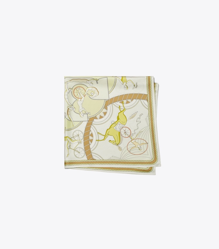 Tory Burch designer scarves Acrobats Double-Sided Silk Square in Yellow folded