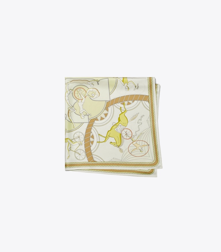 Tory Burch designer scarves Acrobats Double-Sided Silk Square in Yellow overhead