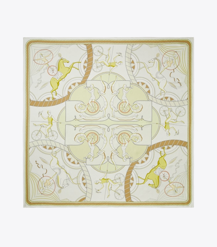 Tory Burch designer scarves Acrobats Double-Sided Silk Square in Yellow overhead