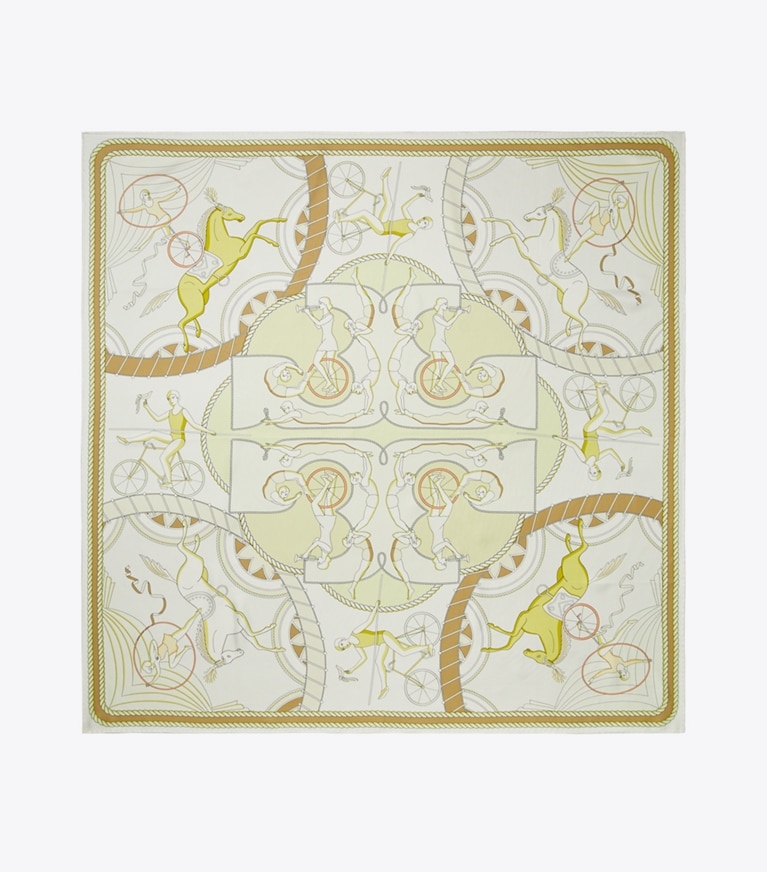 Tory Burch designer scarves Acrobats Double-Sided Silk Square in Yellow overhead