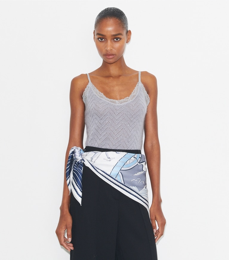 Tory Burch designer scarves Aeronauts Double-Sided Silk Square in Blue accessory on model