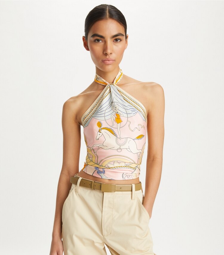 Tory Burch designer scarves Aeronauts Double-Sided Silk Square in Aeronauts Silk Square - Pink accessory on model