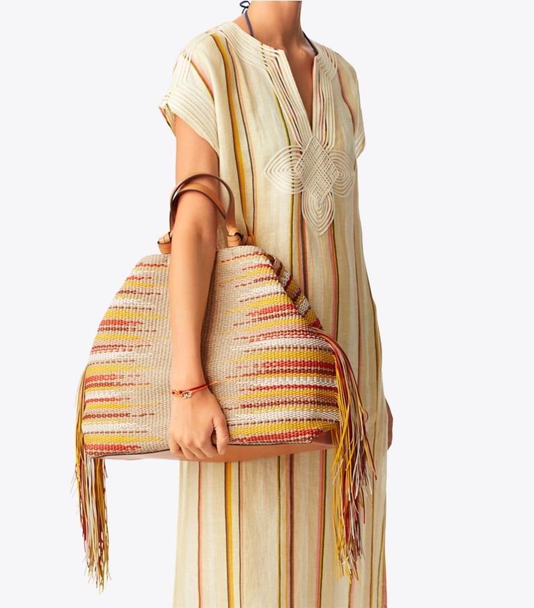 Tory Burch designer tote bags Aidan Fringe Tote in Natural (2) accessory on model