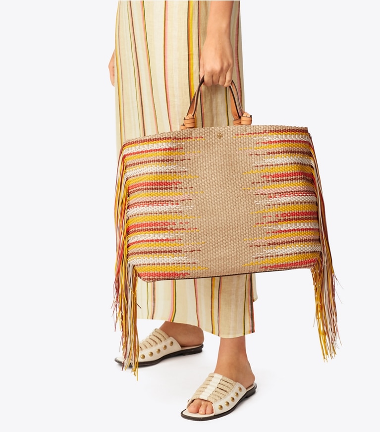 Tory Burch designer tote bags Aidan Fringe Tote in Natural (2) accessory on model