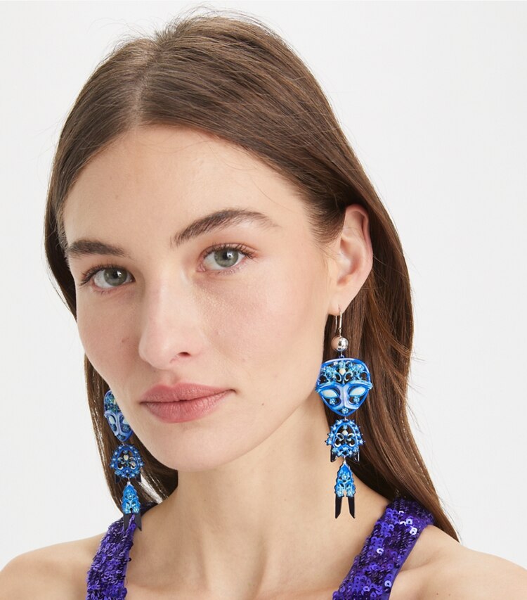 Tory Burch designer earrings Alien Earrings in Tory Silver / Blue accessory on model