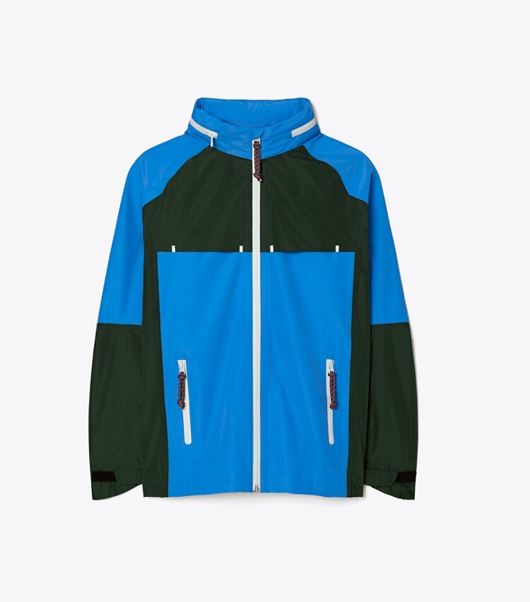 Tory Sport designer jackets All-Weather Colorblock Jacket in Vintage Blue / Conifer front