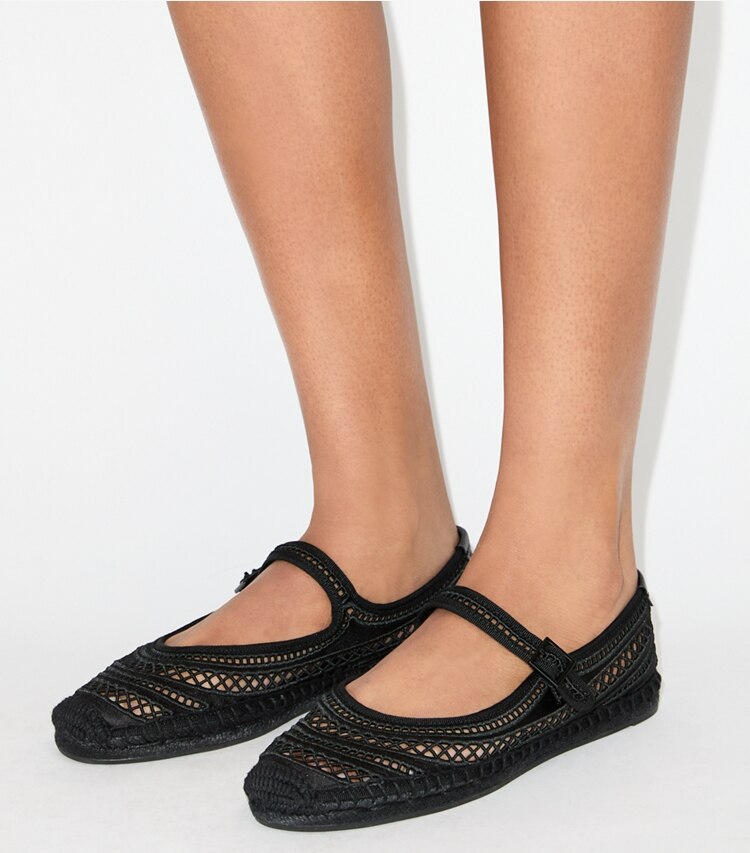 Tory Burch diseñador alpargatas Alpargatas Mary Jane de tejido abierto en Perfect Black / Perfect Black accesorio en modelo