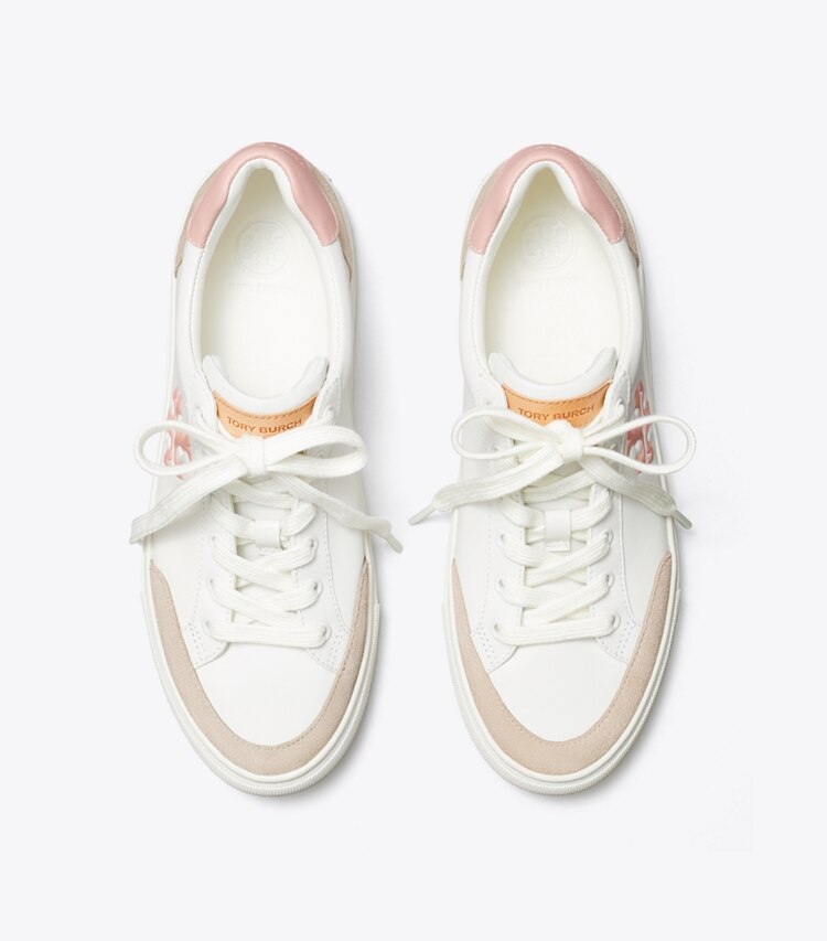 Tory Burch designer sneakers Andrea Colorblock Court Sneaker in Snow White / CALCARE / Seashell Pink overhead