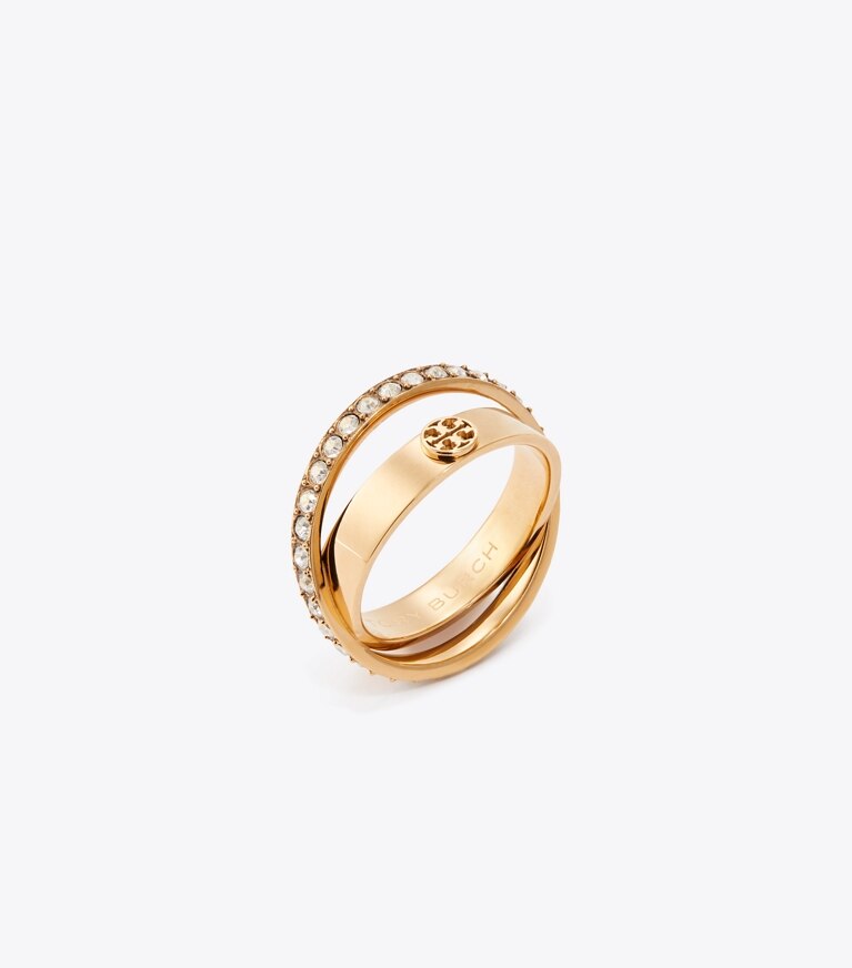 Tory Burch designer anelli Anello doppio Icon pavé in Tory Gold / Crystal angle
