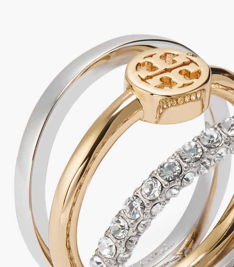 Tory Burch designer anelli Anello Icon tre in uno con pavé in Tory Gold / Tory Silver / Crystal angle