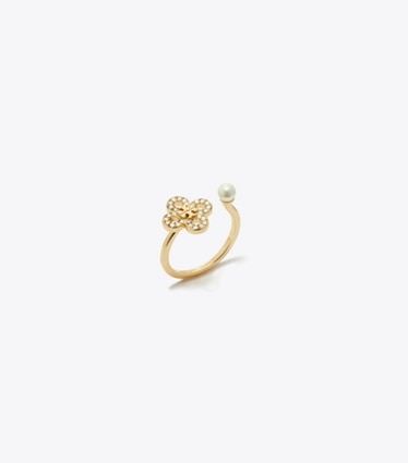 Tory Burch designer anelli Anello Kira Clover con pavé in Tory Gold / Pearl / Crystal angle