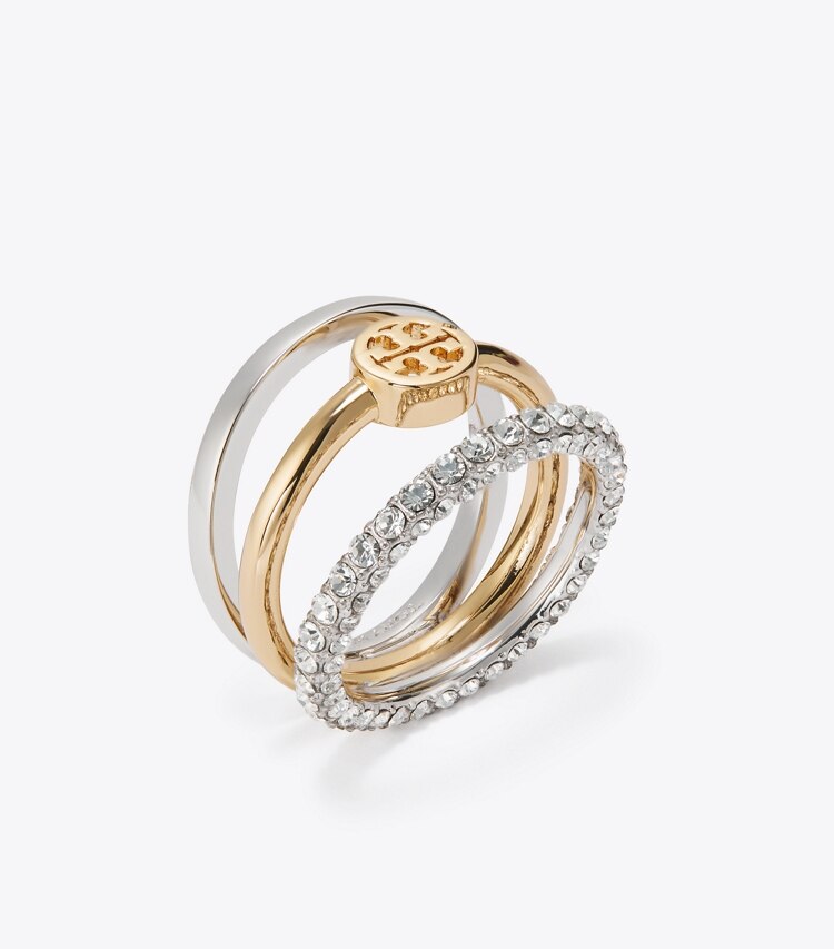 Tory Burch diseñador anillos Anillo apilable con pavé Icon en Tory Gold / Tory Silver / Crystal ángulo