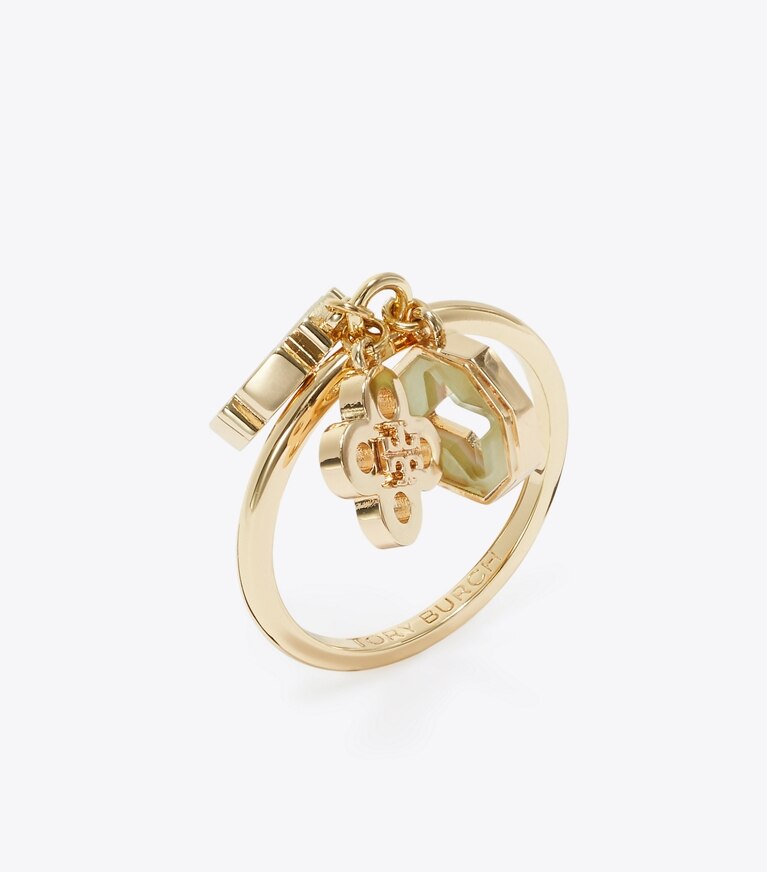 Tory Burch diseñador anillos Anillo con dije Forget Me Not en Tory Gold / Mother of Pearl ángulo