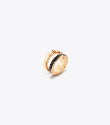 Tory Burch diseñador anillos Anillo doble con esmalte Icon en Tory Gold / Black ángulo
